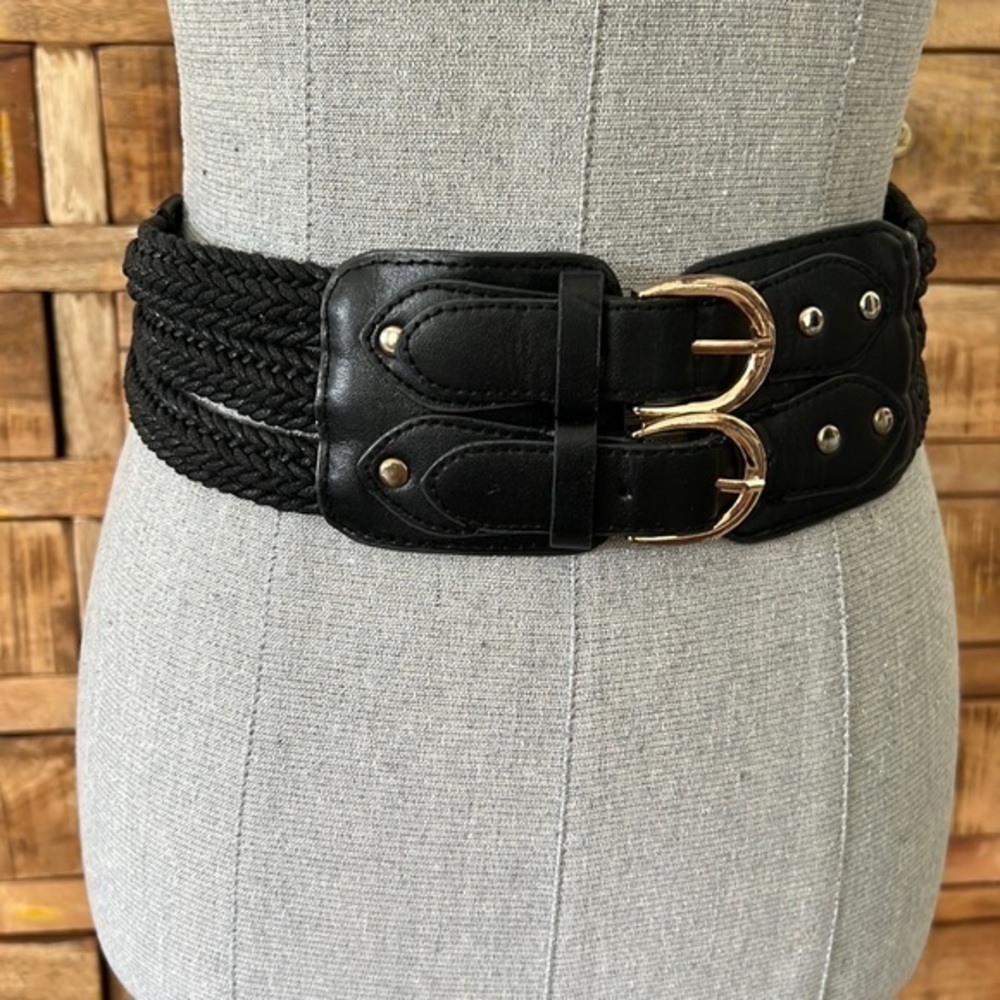 Vintage Doll House black double buckle stretch wide waist belt sz M/L